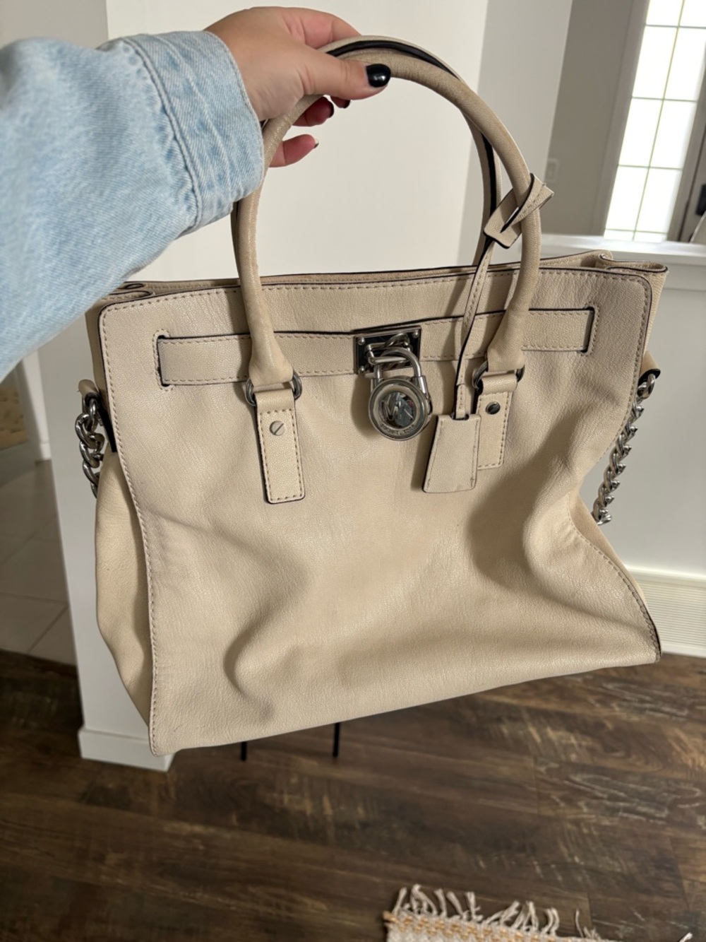 Michael Kors Beige Leather Tote with Silver Chain Hardware